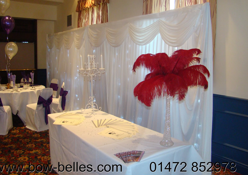 Our display of our Chair Covers, Sashes, Ostrich Feather Centre Pieces, Runners and our New Light Curtain. Venue Decoration discounts will be available on the day and for anyone who books with us before the end of May.